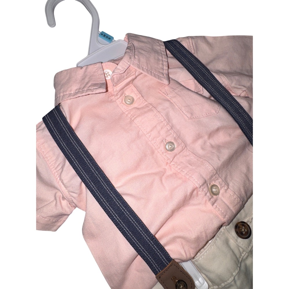 Carters Baby Boy 6M Pink Bodysuit Cream Shorts Suspender Set NEW